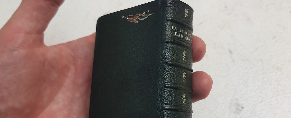 livre plein cuir vert petit livre relié mosaïque de cuir reliure en cuir normandie calvados Gabriel de Sevin relieur dorure au palladium reliure classique