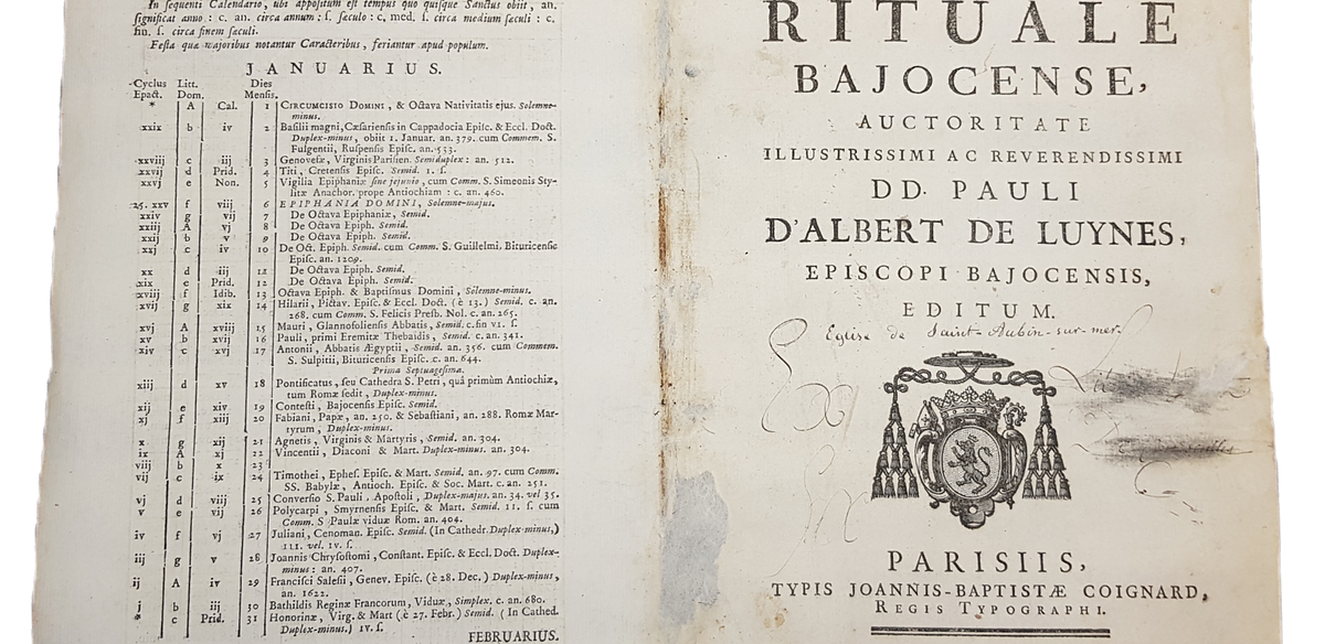 page de livre abîmé restauration terminée rituel de bayeux pour nouvelle reliure selon l'époque livre xviiie siècle gabriel de sevin restaurateur de livres anciens dans le clavados normandie