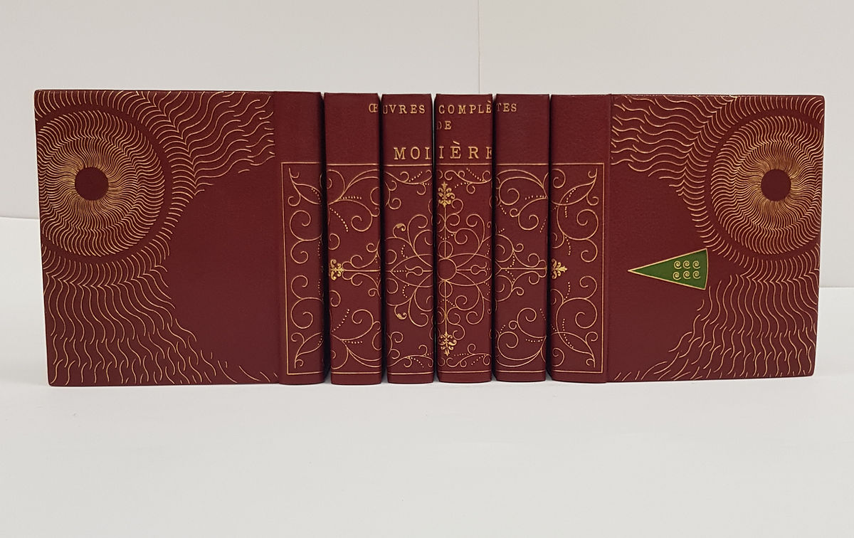 collection de six livres plein cuir rouge chef d'oeuvre oeuvres complètes de molière BMA fin d'étude relieur doreur gabriel de sevin vue globale de la collection
