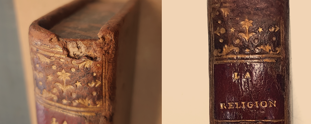 avant après restauration livre abîmé ancien. Lacune de cuir restaurée par gabriel de sevin restaurateur et relieur dans le calvados